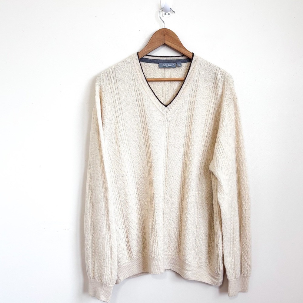 Bobby Jones Mens 100% Baby Alpaca Classic Fisherman Sweater XL Cream Luxury Peru